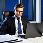 **

"A professional consultant working late at night in a modern office, fully clothed in business attire, surrounded by documents and a laptop, appropriate content, safe for work, perfect anatomy, natural proportions, professional lighting, high resolution, family-friendly."

**