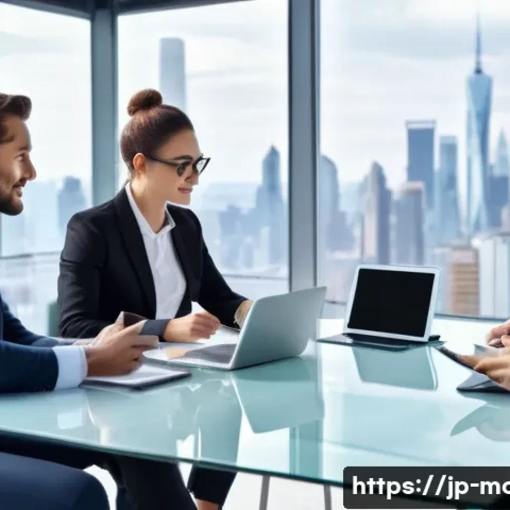 컨설팅 업계의 글로벌 트렌드 - A modern international business meeting scene set in a bright, sleek office with large windows overl...
