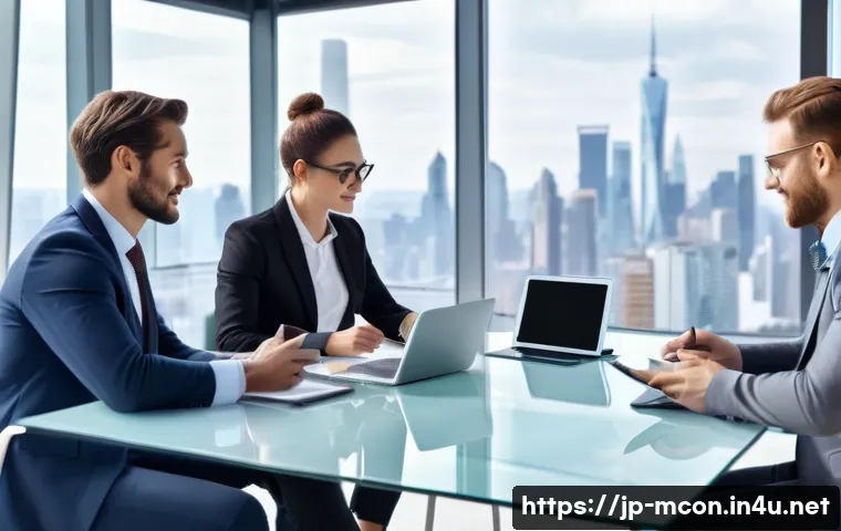 컨설팅 업계의 글로벌 트렌드 - A modern international business meeting scene set in a bright, sleek office with large windows overl...