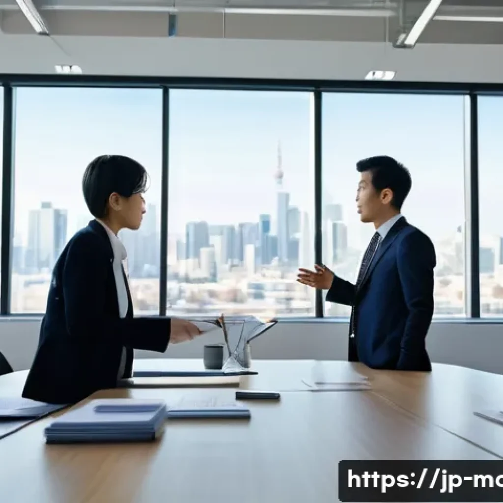 경영컨설턴트의 역할과 책임 - A dynamic corporate scene inside a modern office where a diverse team of Japanese business professio...
