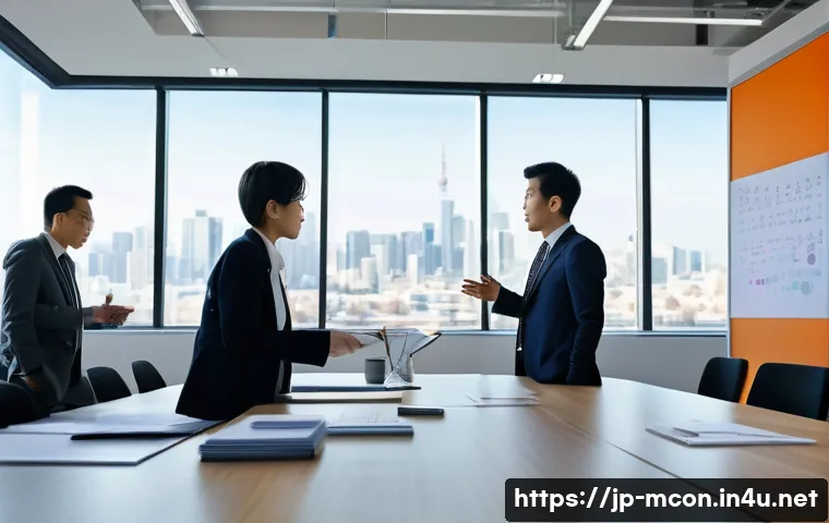 경영컨설턴트의 역할과 책임 - A dynamic corporate scene inside a modern office where a diverse team of Japanese business professio...