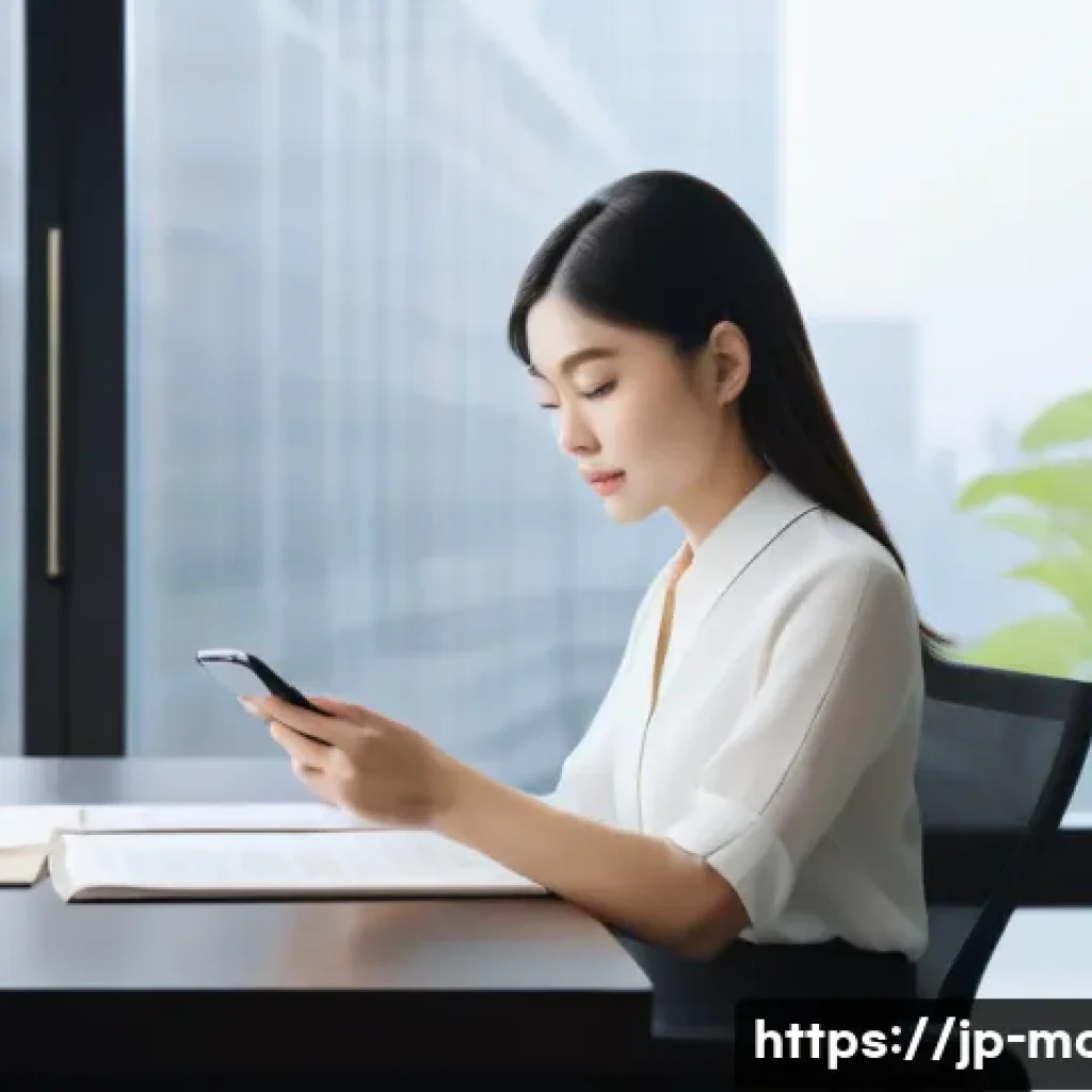 경영컨설턴트의 면접 준비법 - A modern Japanese office scene with a young professional woman in business attire sitting at a sleek...