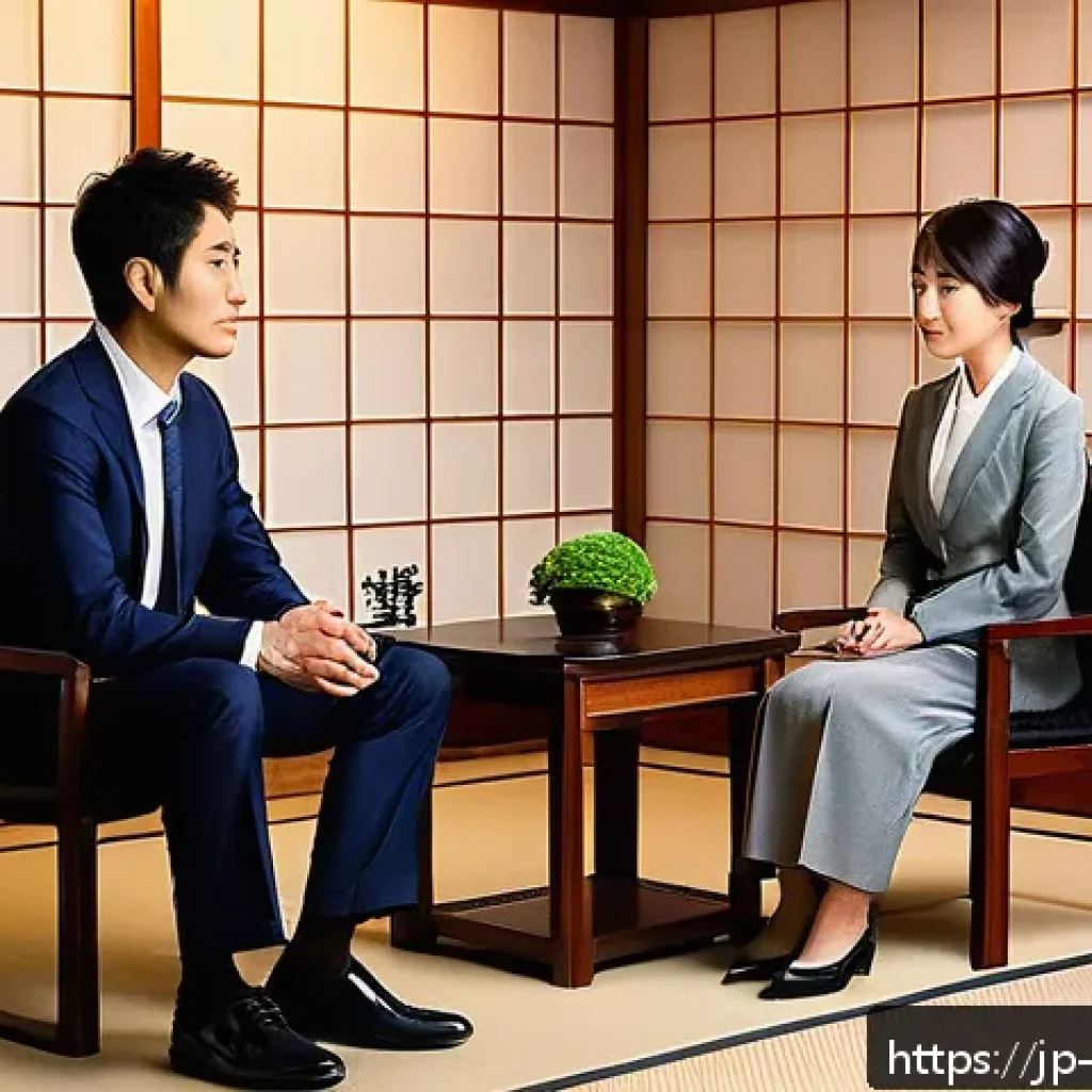 컨설턴트를 위한 클라이언트 인터뷰 기술 - A modern Japanese office setting where a professional interviewer attentively listens to a client du...