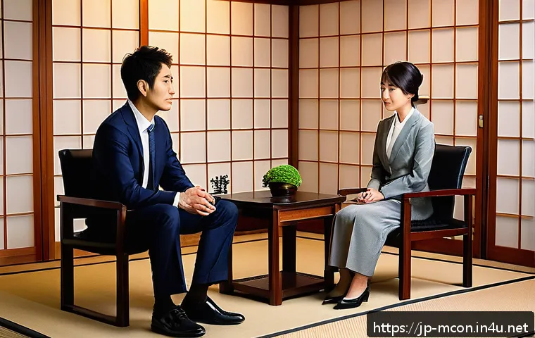 컨설턴트를 위한 클라이언트 인터뷰 기술 - A modern Japanese office setting where a professional interviewer attentively listens to a client du...