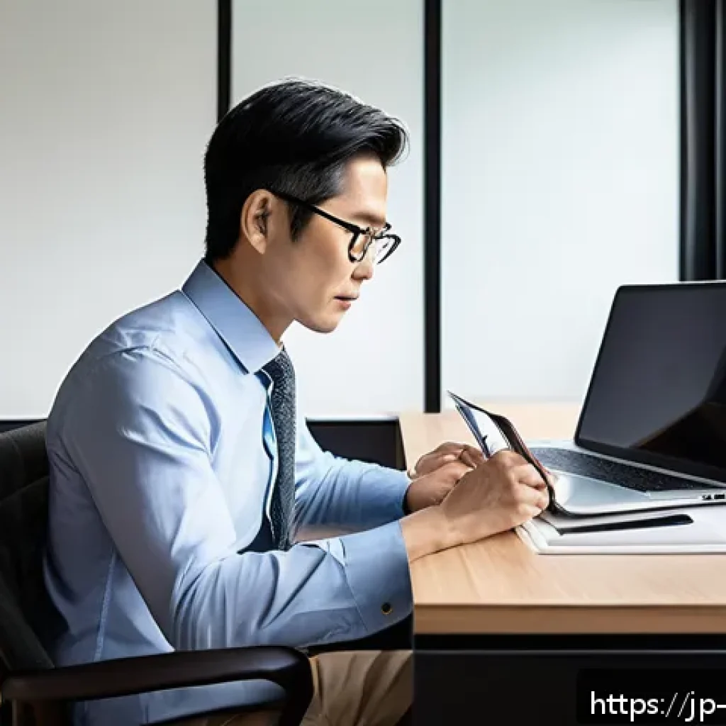 경영컨설턴트 연봉 분석 - A modern Japanese business consultant working remotely from a stylish home office in Tokyo, wearing ...