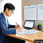 컨설팅 자격증 취득 방법 - A focused Japanese professional studying consulting certification materials in a modern, bright home...