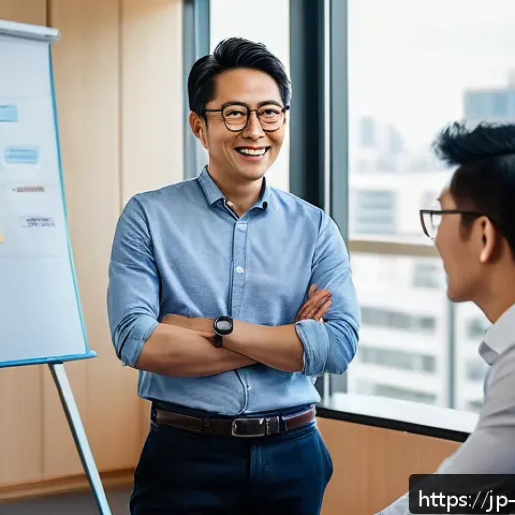 경영컨설턴트와 스타트업 멘토링 - A modern Japanese startup mentoring session scene in a bright, minimalist office with large windows ...