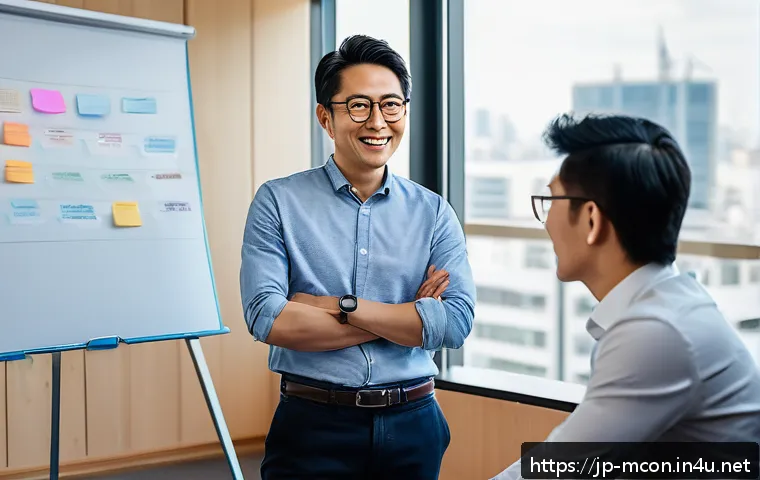 경영컨설턴트와 스타트업 멘토링 - A modern Japanese startup mentoring session scene in a bright, minimalist office with large windows ...