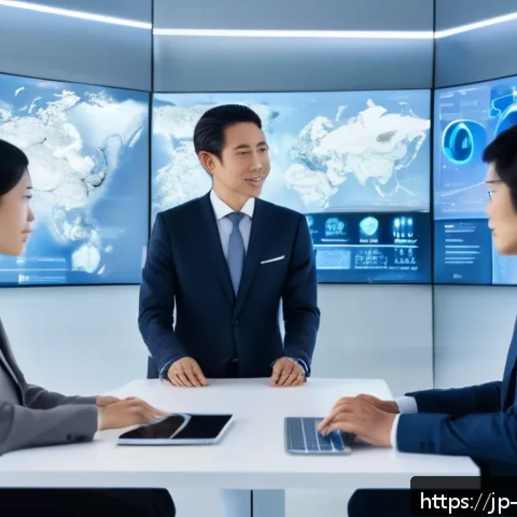 경영컨설턴트가 주로 다루는 산업 - Futuristic corporate office scene showcasing advanced AI and machine learning integration: diverse J...