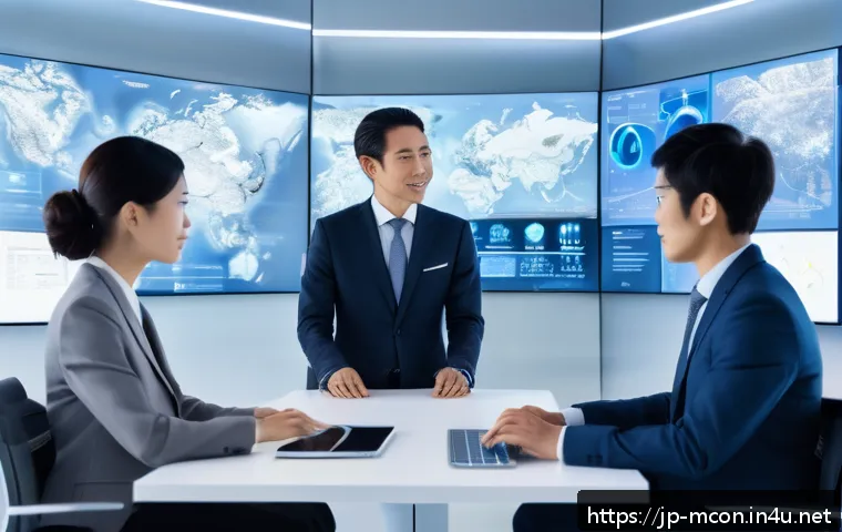 경영컨설턴트가 주로 다루는 산업 - Futuristic corporate office scene showcasing advanced AI and machine learning integration: diverse J...
